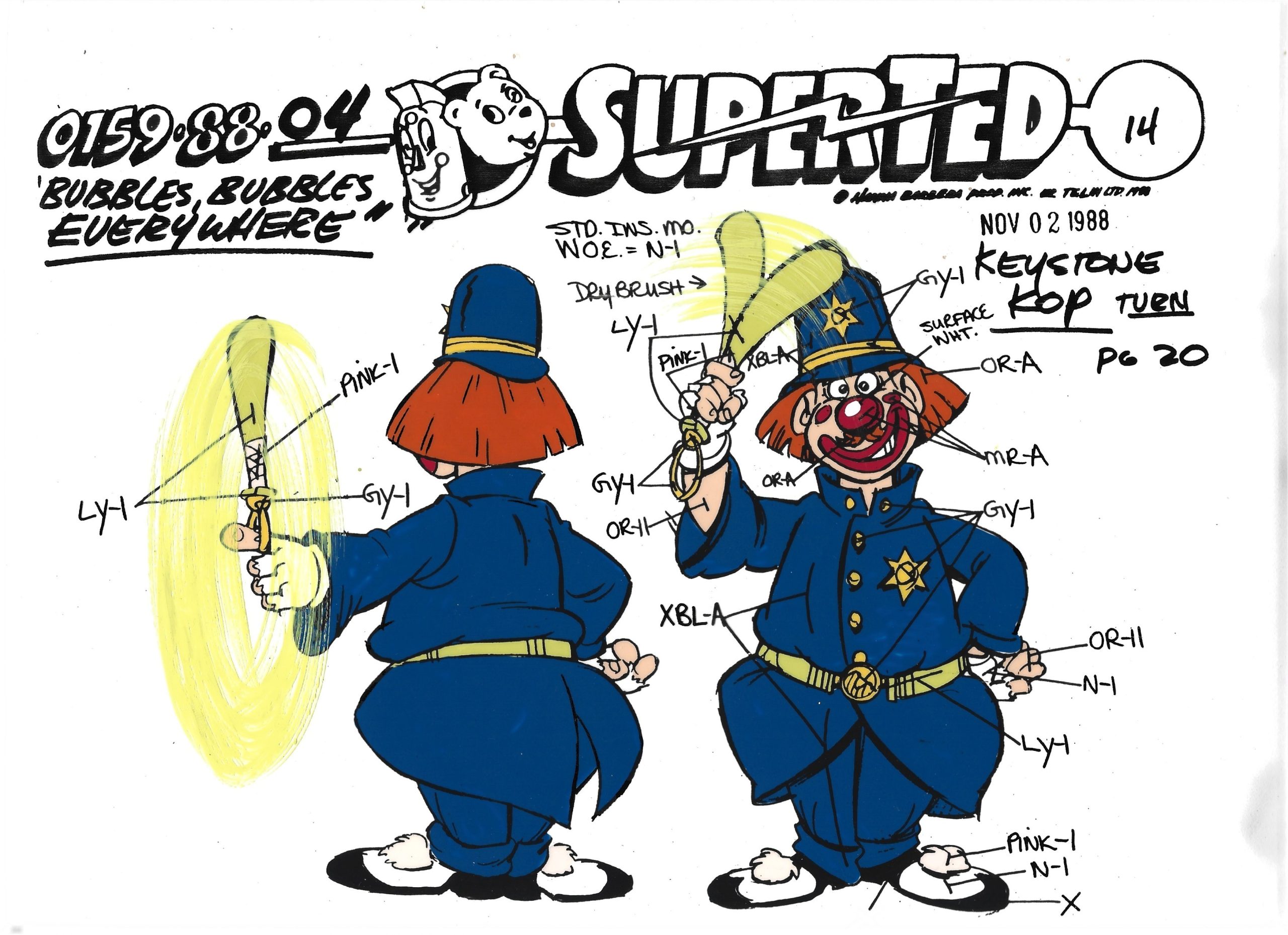 Folia animacyjna celuloidowa z bajki „SuperTed” – KEYSTONE KOP – Hanna-Barbera, POLAND, 1988 r.
