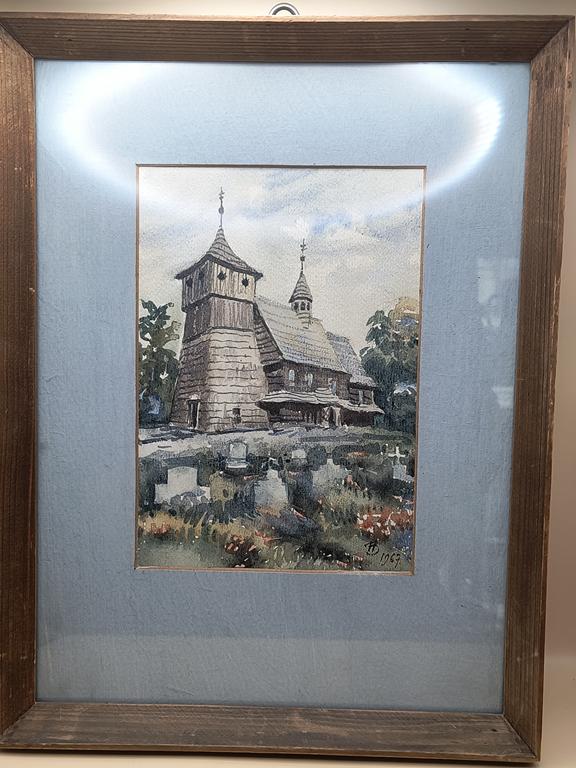 Obraz - Gierałtowice-zabytkowy drewniany kościół - B. Heczko, 1967 r.