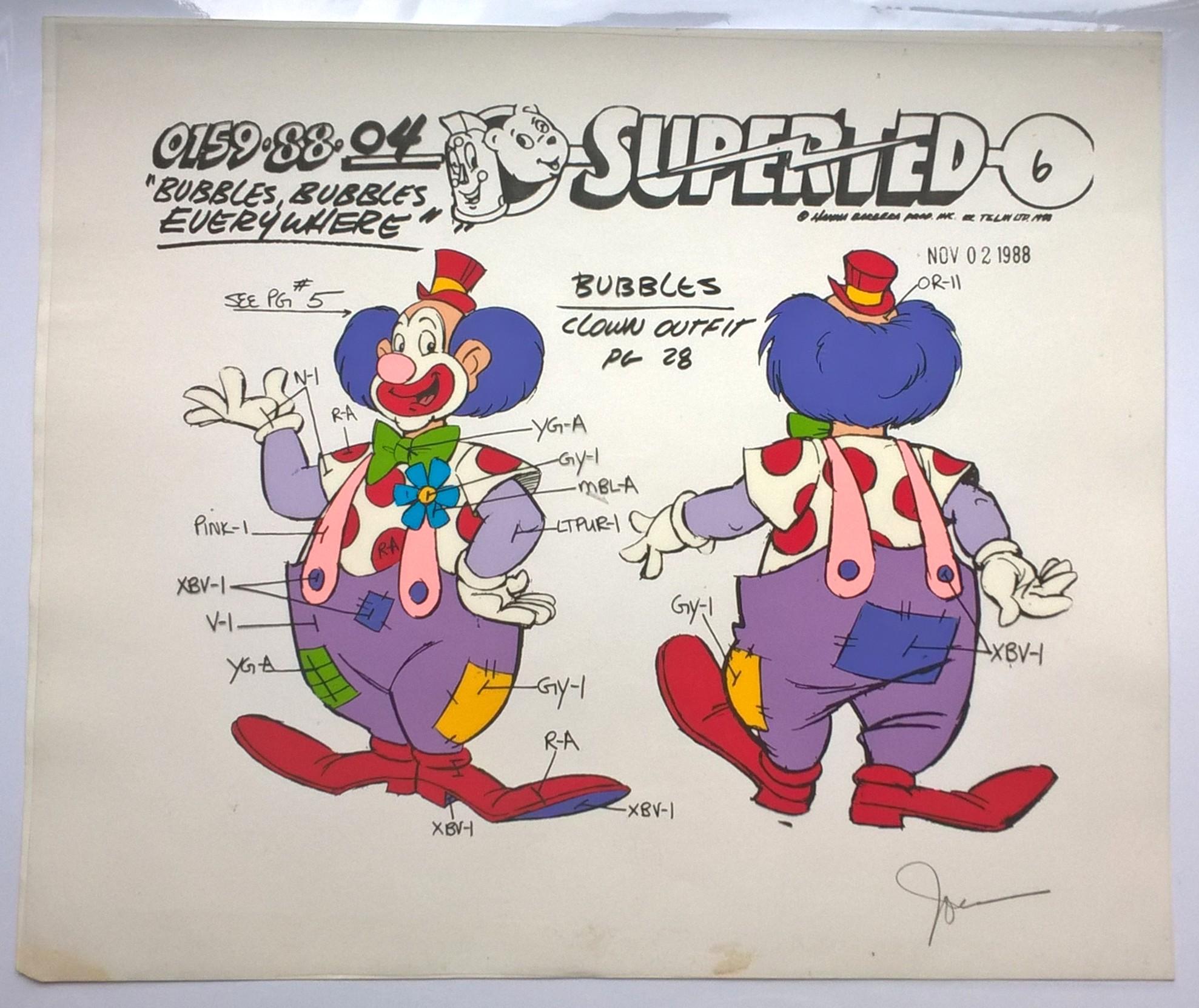 Folia animacyjna celuloidowa z bajki „SuperTed” – BUBBLES CLOWN OUTFIT - strój klauna – Hanna-Barbera, POLAND, 1988 r.