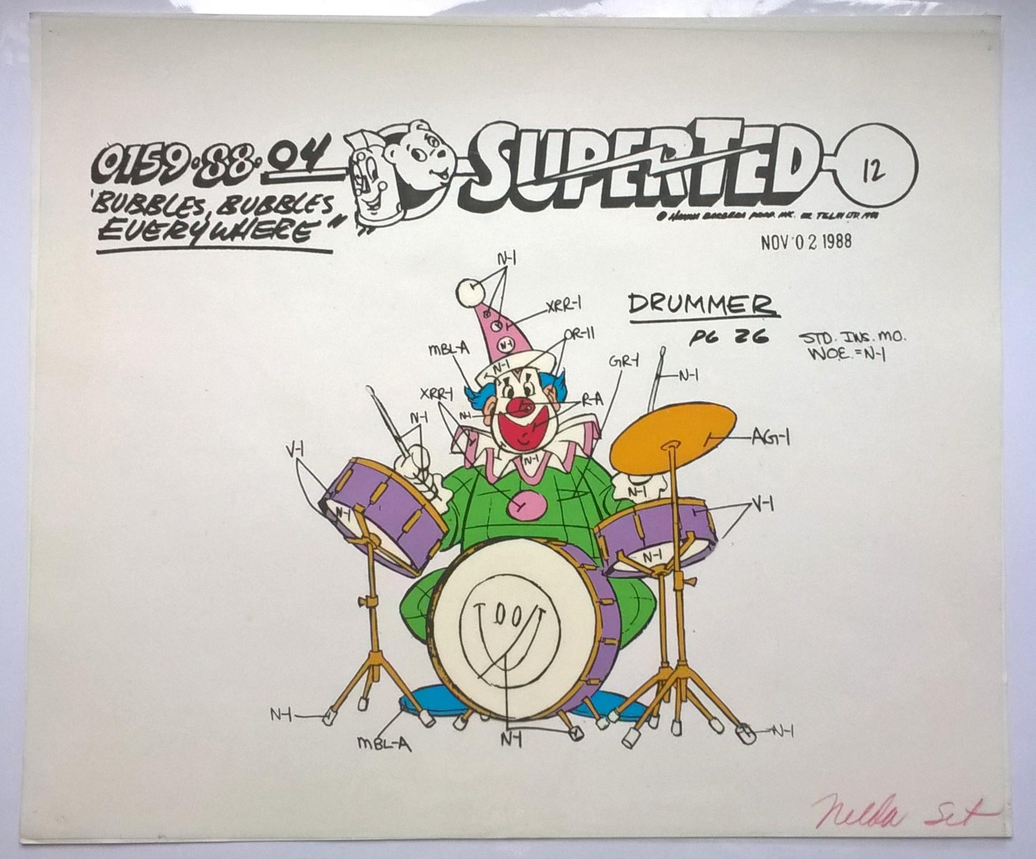 Folia animacyjna celuloidowa z bajki „SuperTed” – DRUMMER–perkusista – Hanna-Barbera, POLAND, 1988 r.