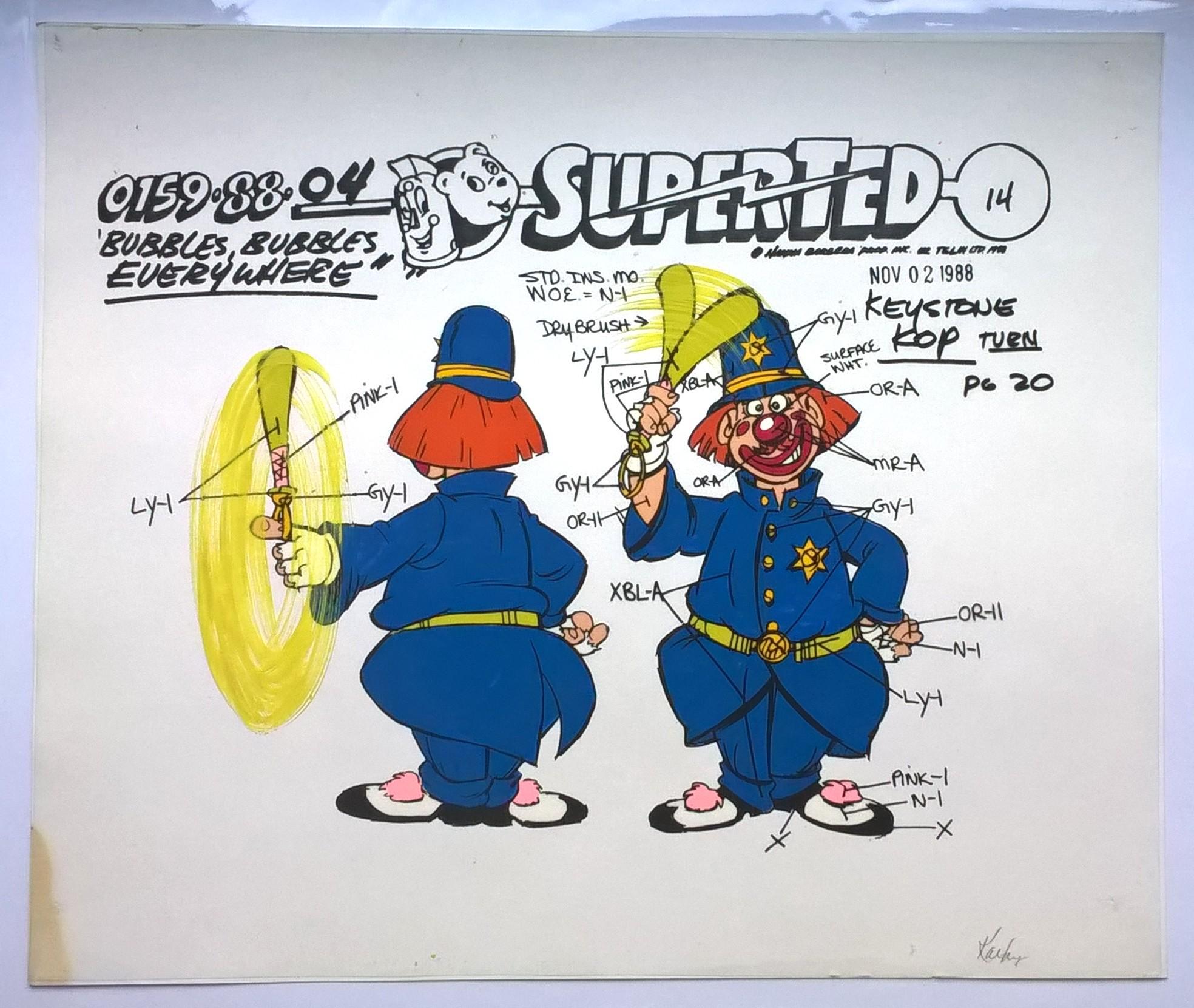 Folia animacyjna celuloidowa z bajki „SuperTed” – KEYSTONE KOP – Hanna-Barbera, POLAND, 1988 r.
