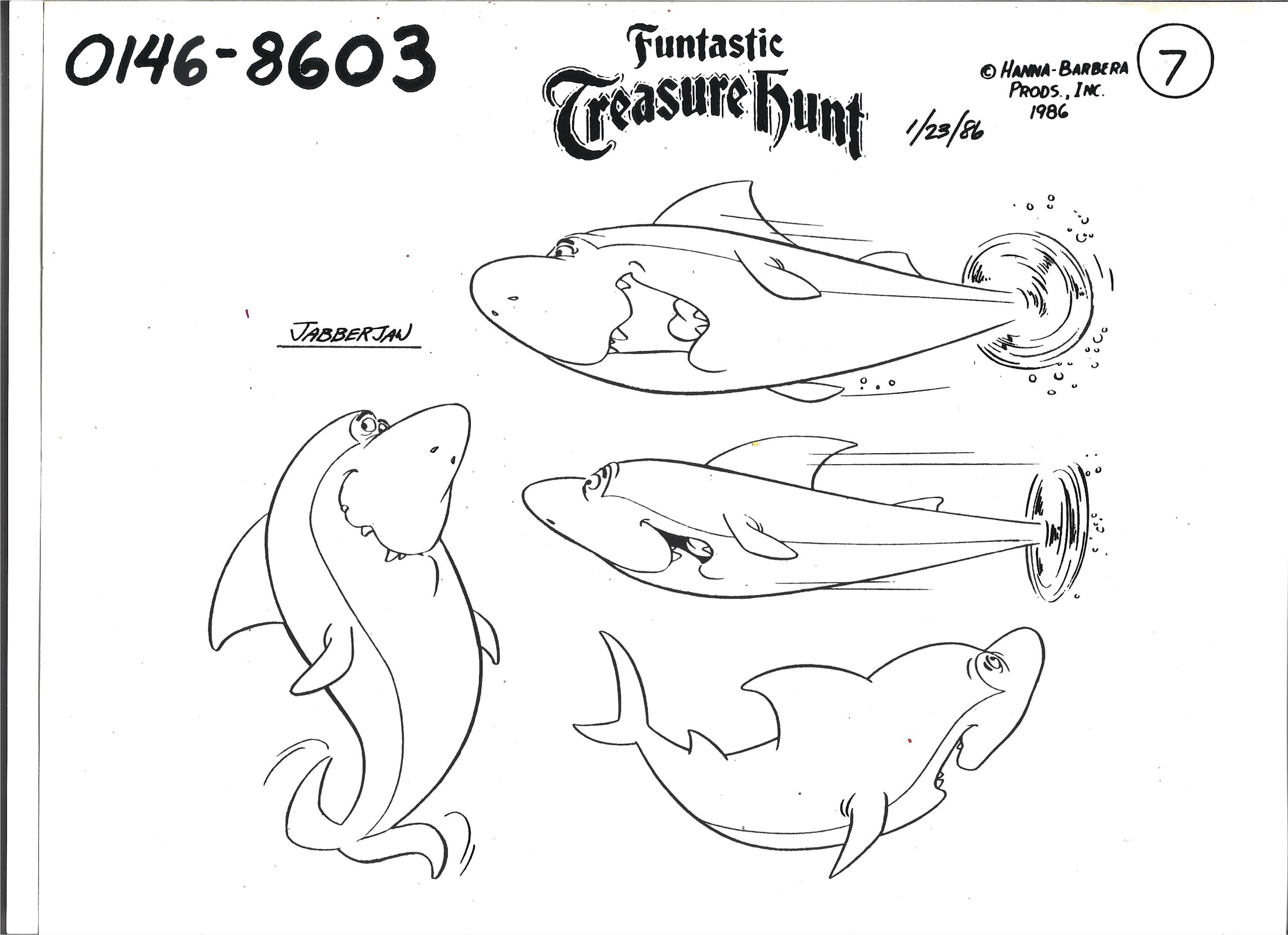 Rysunek animacyjny z kreskówki HANNA-BARBERA - Funtastic Treasure Hunt - rekin JABBERJAW - 1986 r.