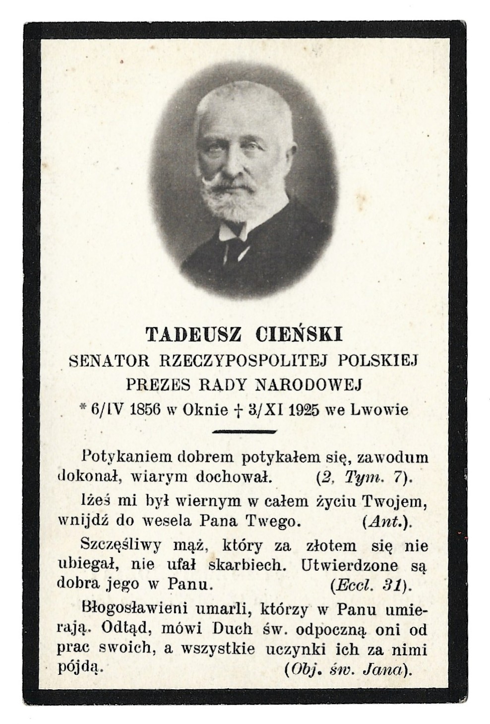 Kartka pogrzebowa – TADEUSZ CIEŃSKI herbu Pomian – 1925 r.