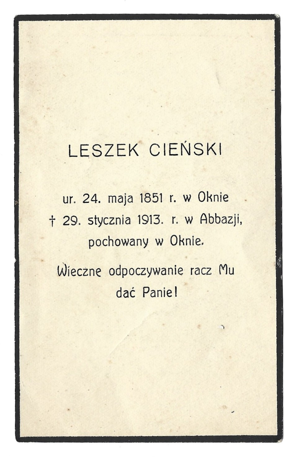 Kartka pogrzebowa - LESZEK CIEŃSKI herbu Pomian - 1913 r.