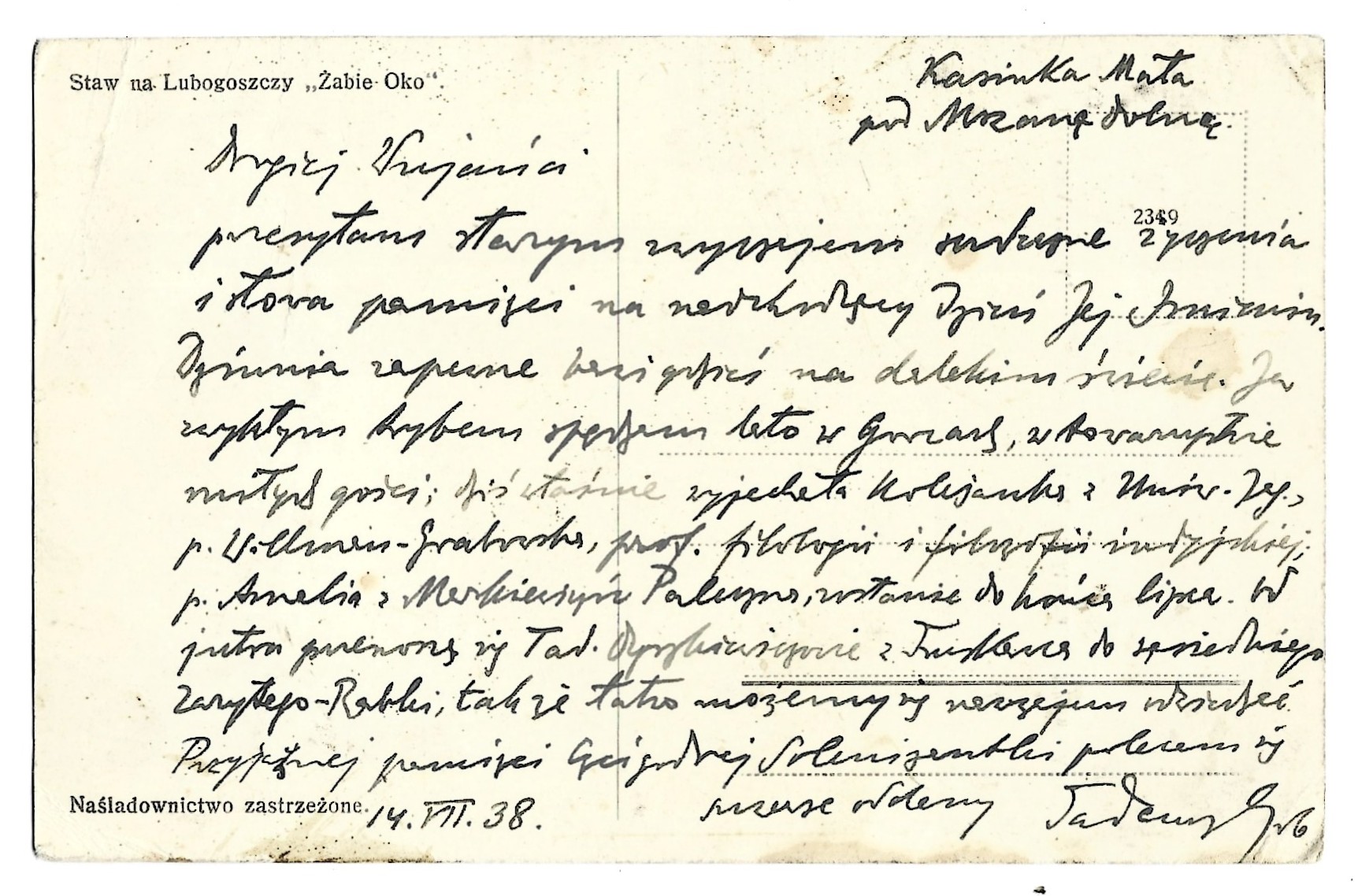 Pocztówka - KASINKA MAŁA. Staw na Lubogoszczy "Żabie Oko", 1938 r.