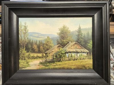 Obraz - pejzaż wiejski, stare chaty - Sikora