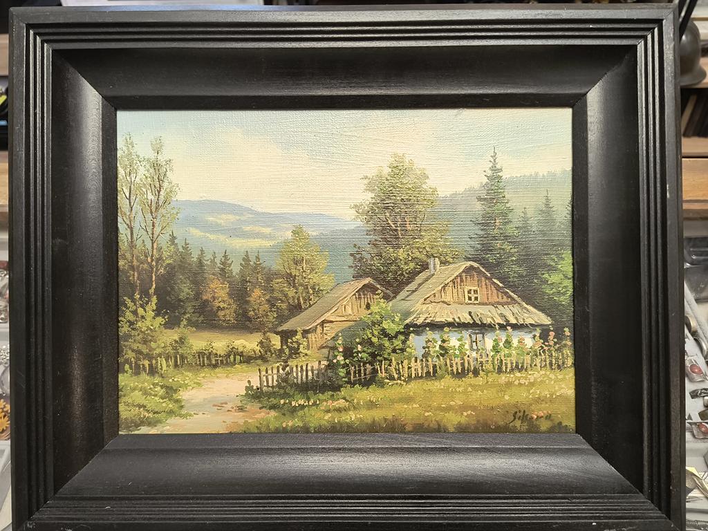 Obraz - pejzaż wiejski, stare chaty - Sikora