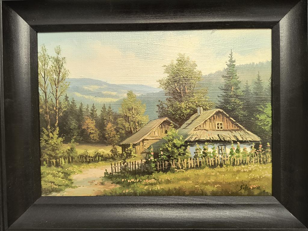 Obraz - pejzaż wiejski, stare chaty - Sikora