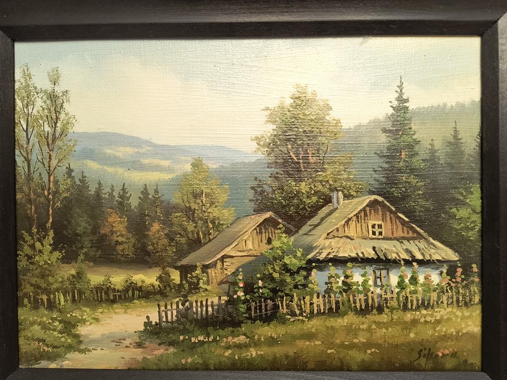 Obraz - pejzaż wiejski, stare chaty - Sikora