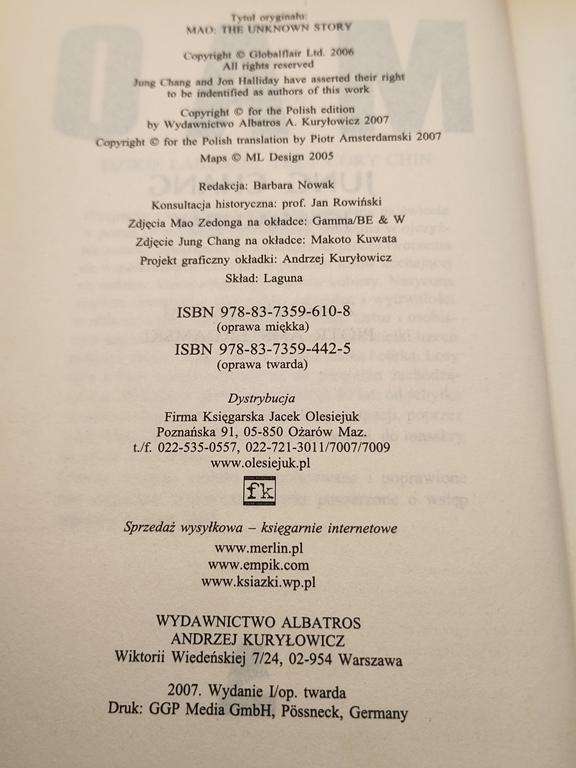 Książka "MAO" Jung Chang, Jon Halliday, 2007 r.