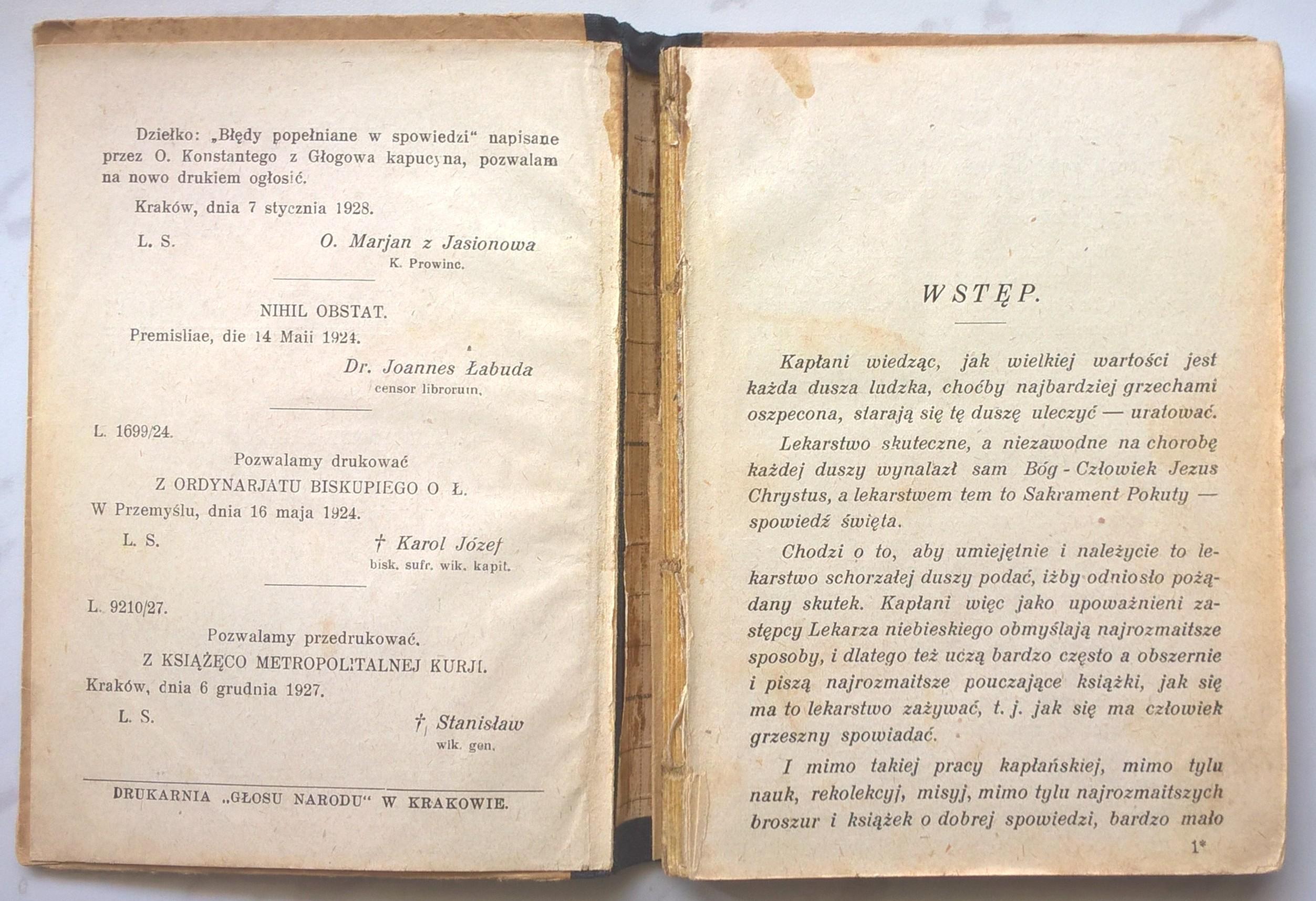 Książka "Błędy popełniane w spowiedzi. Pamiętnik misyjny" Ojciec Konstanty z Głogowa, Kapucyn; 1928 r.