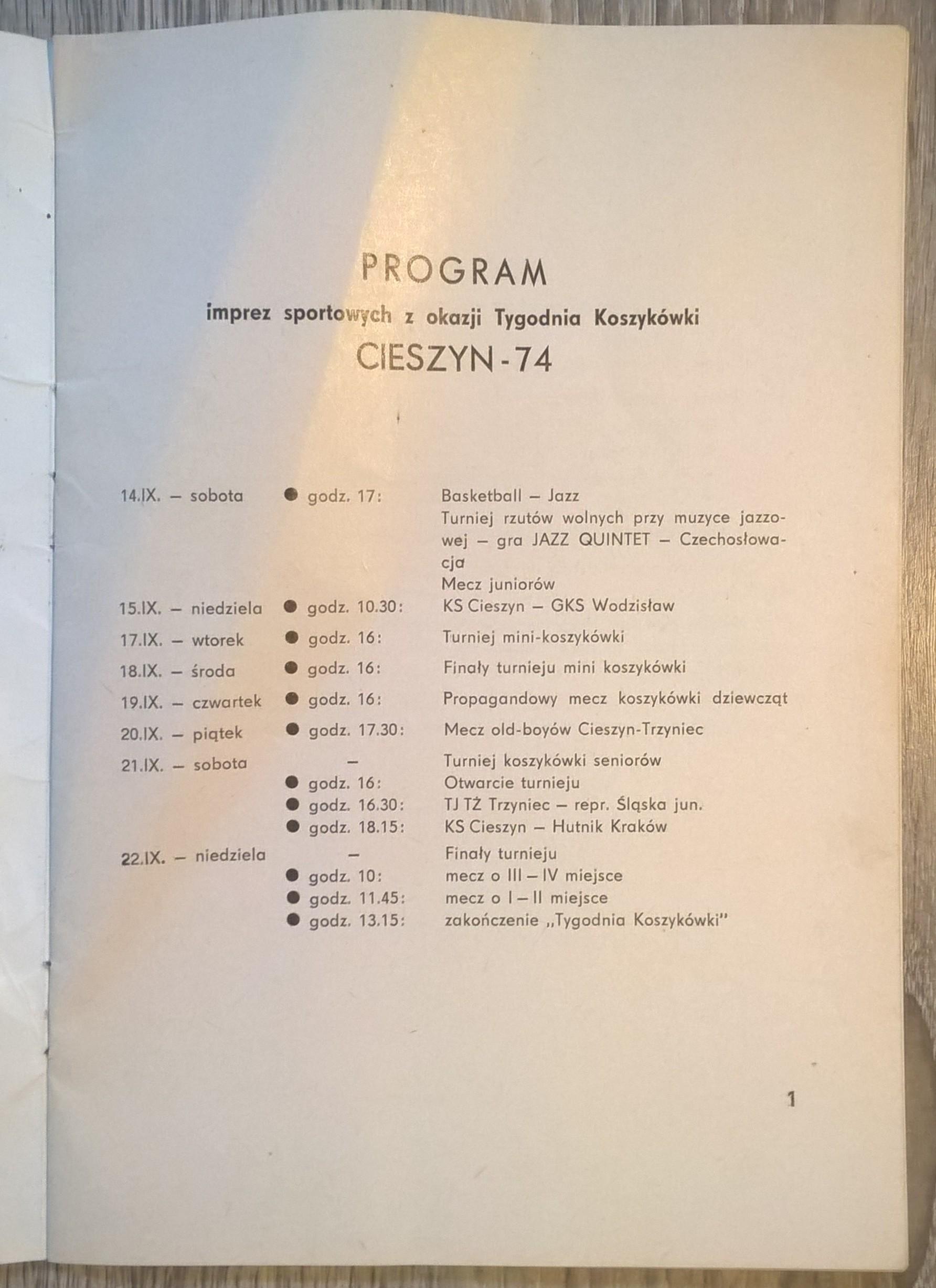 Książeczka / broszura KS CIESZYN - Tydzień koszykówki, Cieszyn 74