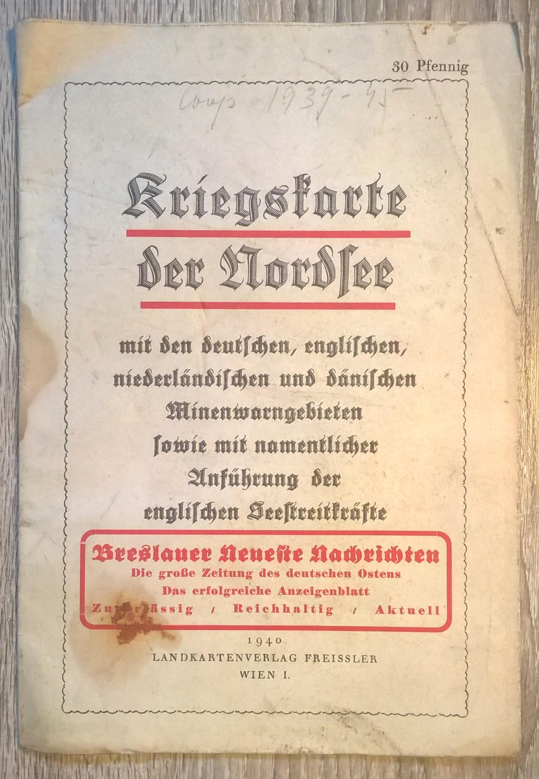 Mapa wojenna Morza Północnego - Kriegskarte der Nordsee - 1940 r.