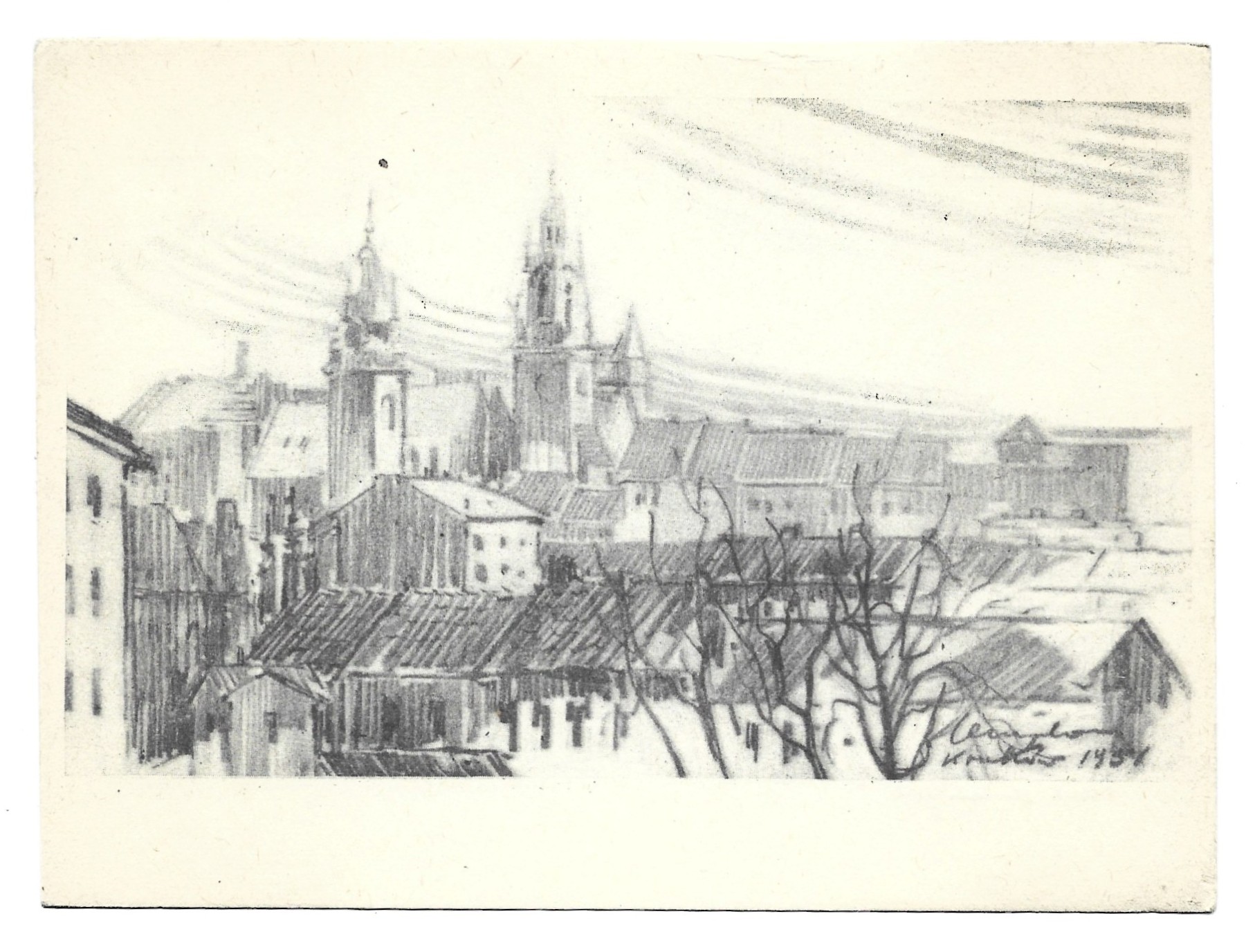 Pocztówka “Stary Kraków”, rys. Józef Cempla, 1954