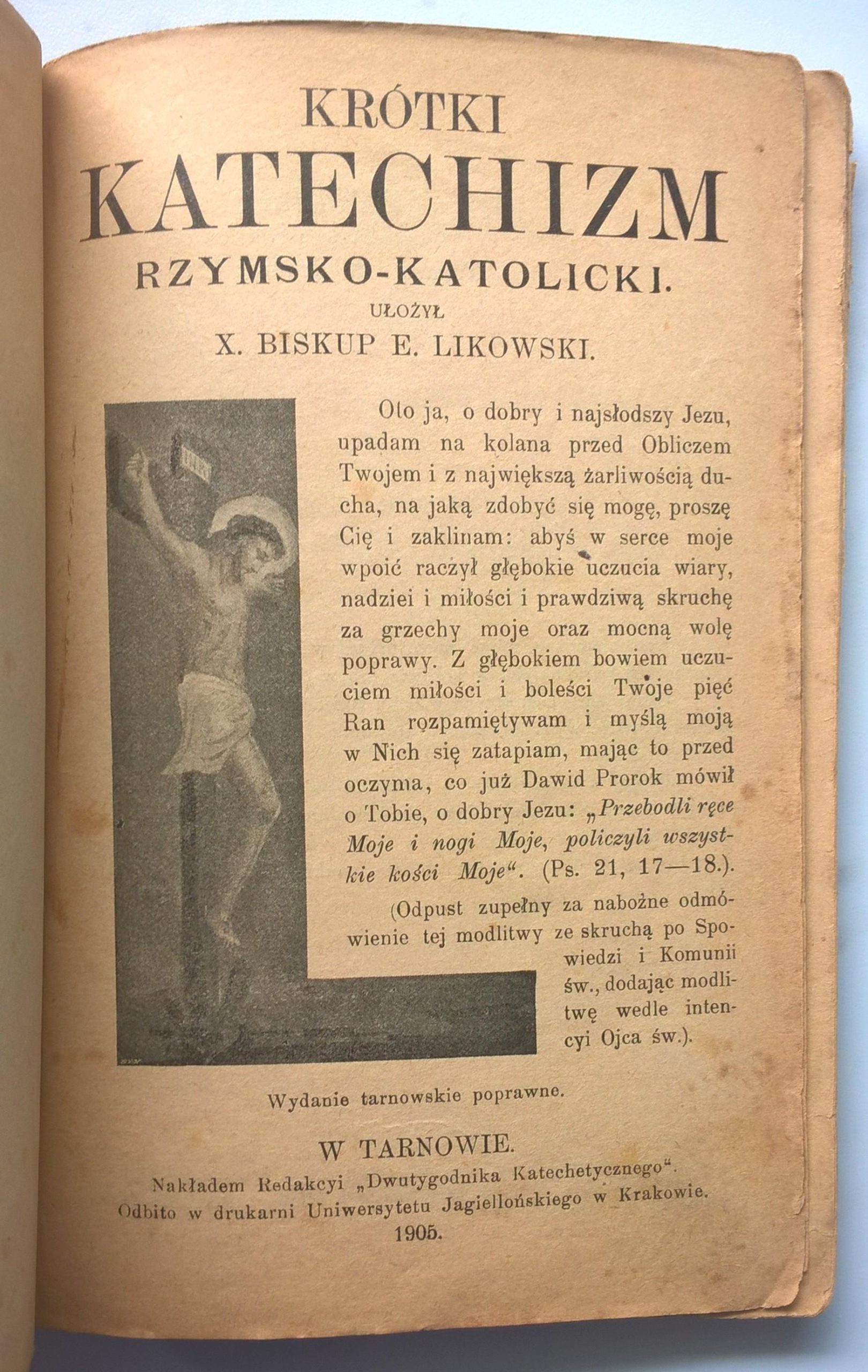 "Krótki katechizm rzymsko-katolicki dla szkół ludowych" X. Biskup E. Likowski, 1905 r.