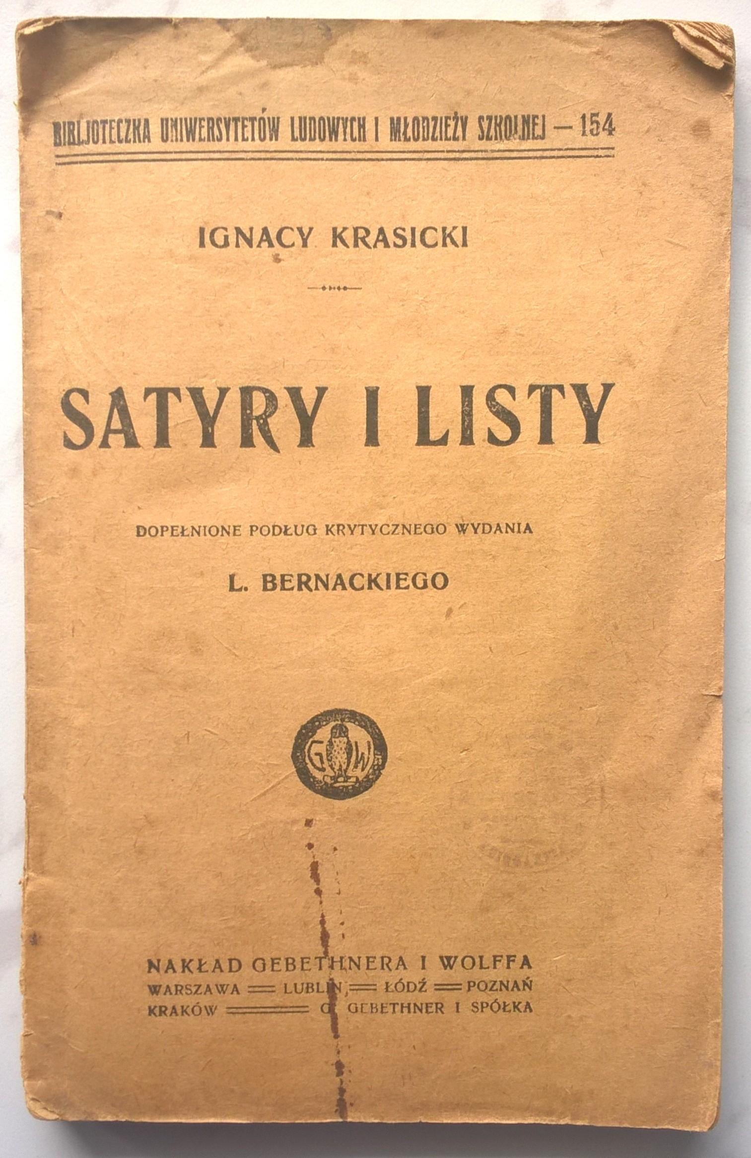 Książka "Satyry i Listy" Ignacy Krasicki - wydanie Gebethner i Wolff