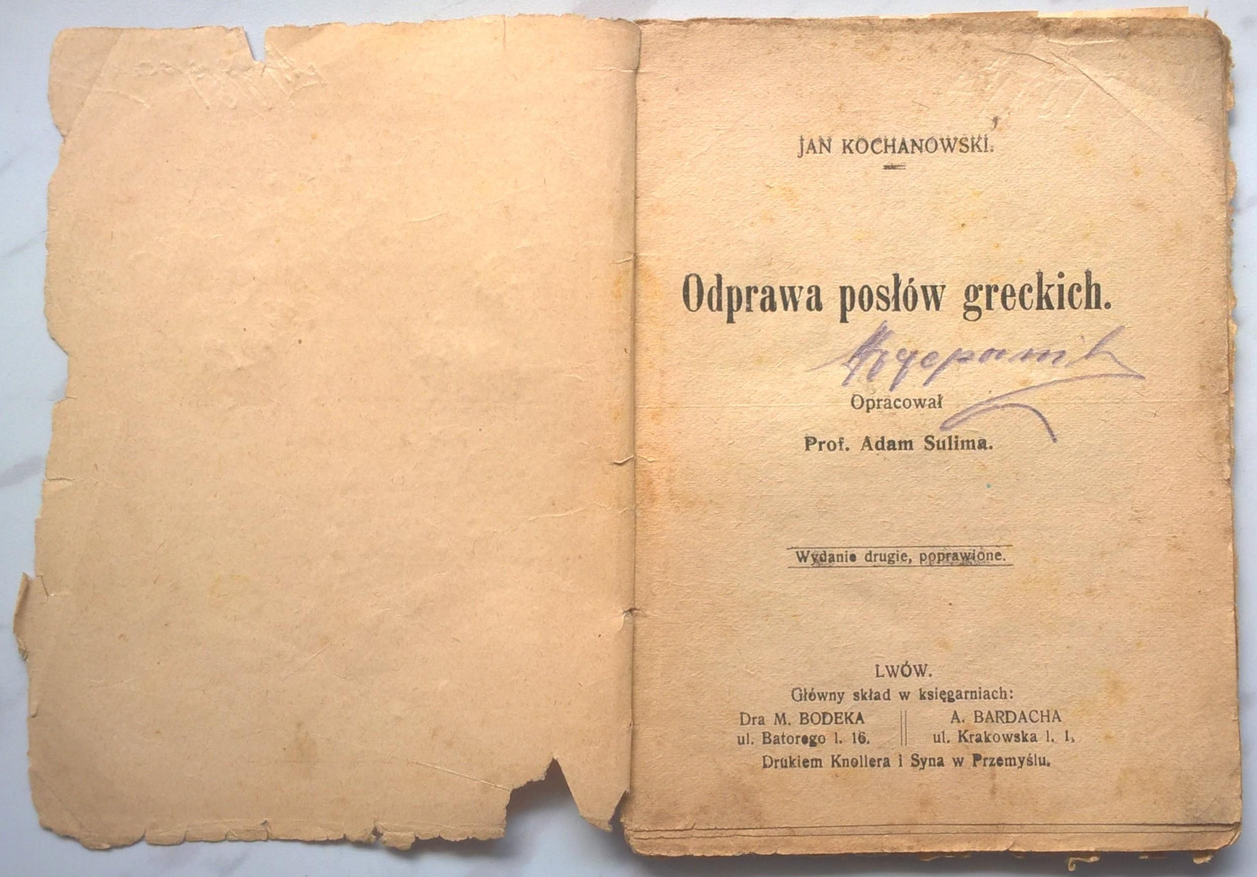 Książeczka "Odprawa posłów greckich" Jan Kochanowski - wydanie Lwów
