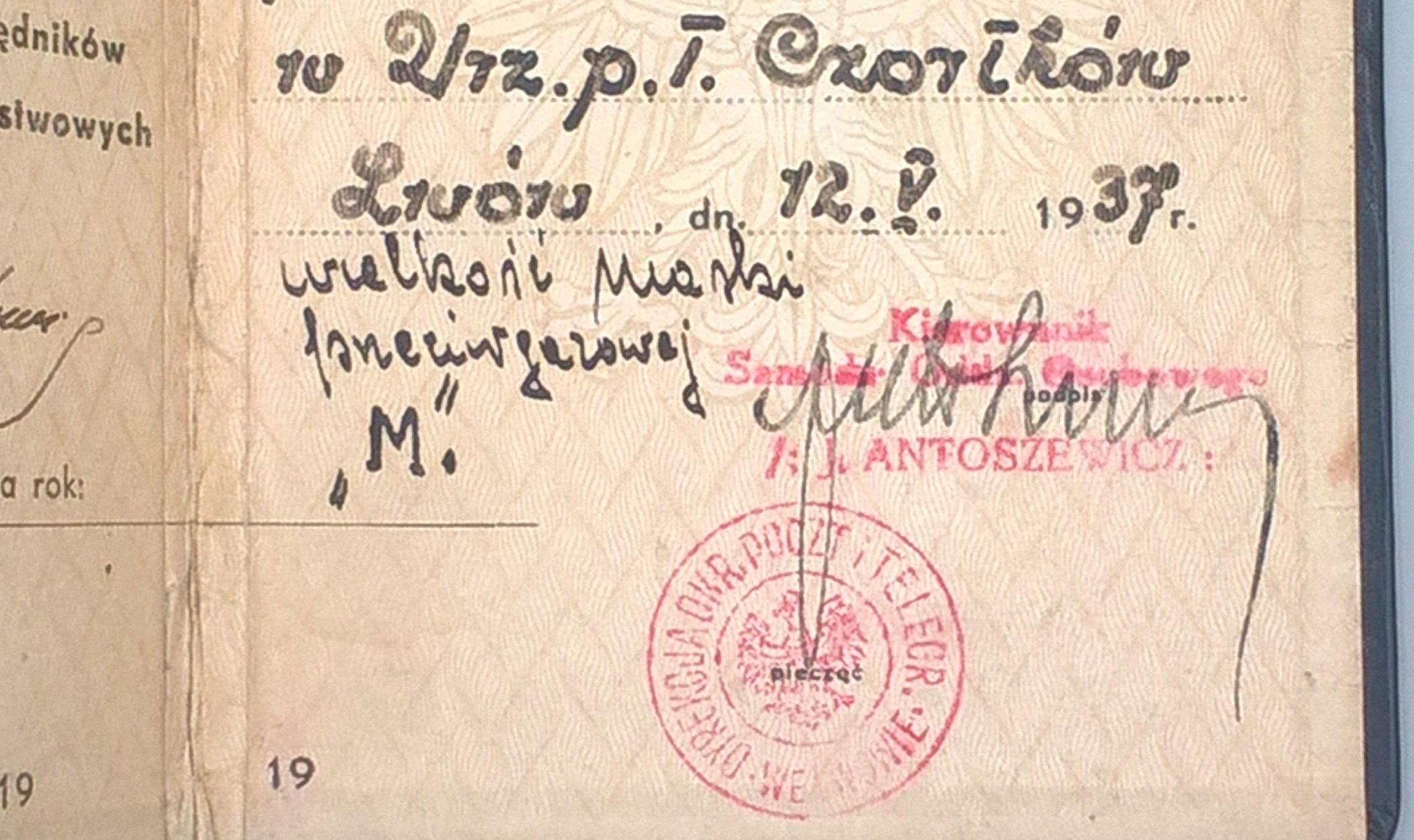 Legitymacja urzędnika pocztowego - Lwów, 1937 r.