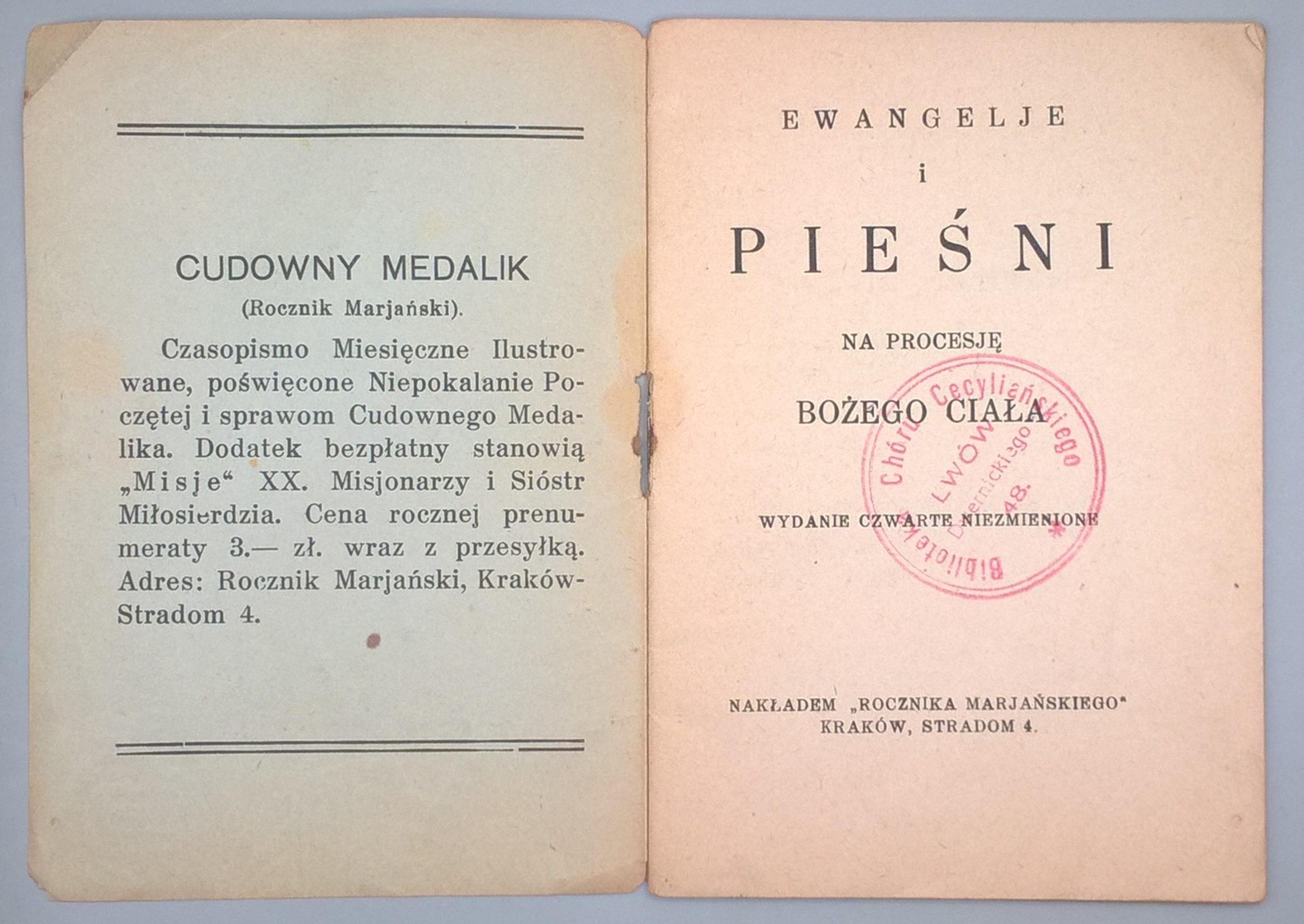 Książeczka "Ewangelie i pieśni na procesję Bożego Ciała", 1932 r.