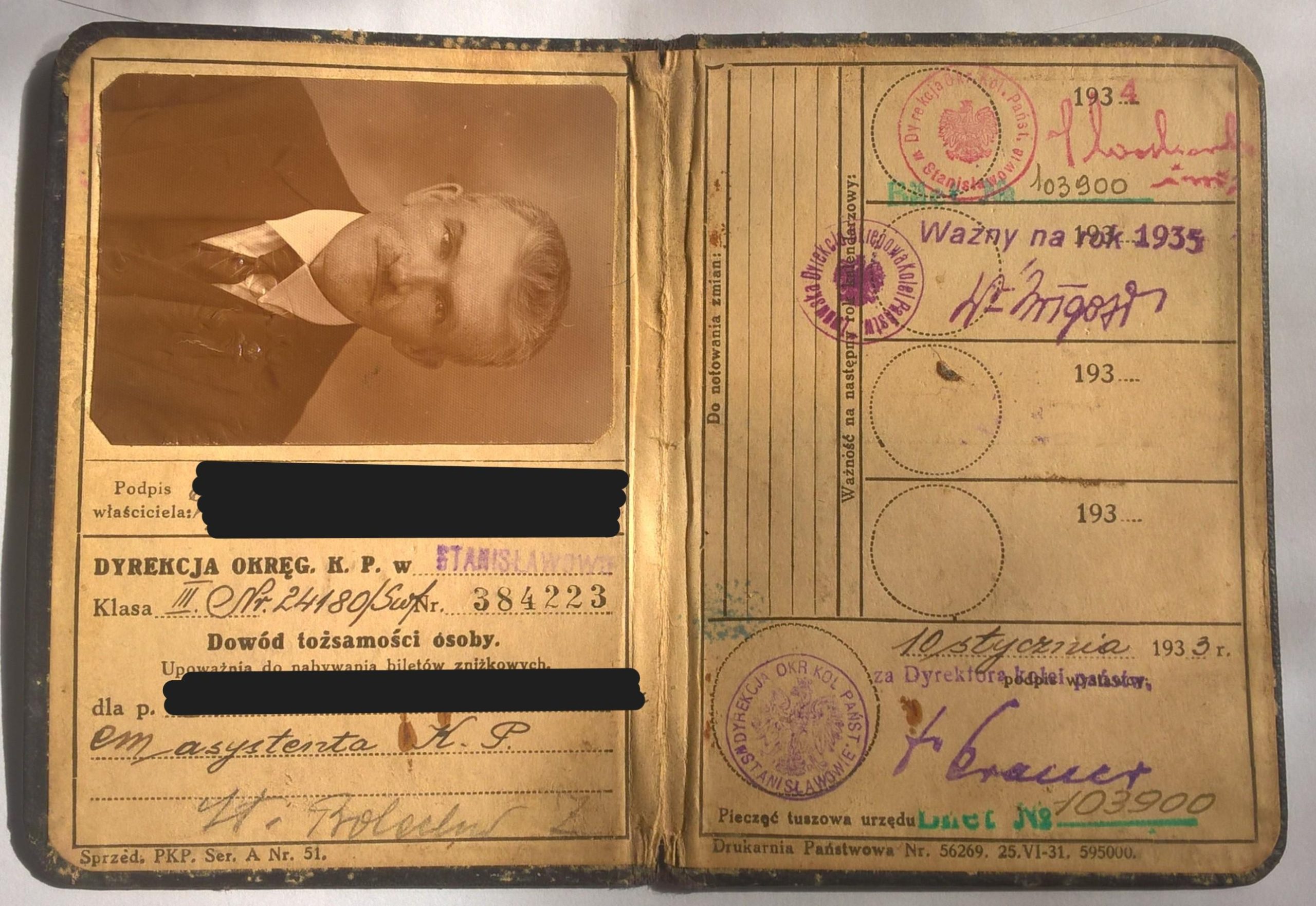 Legitymacja PKP, Lwów - Stanisławów, 1933 r.