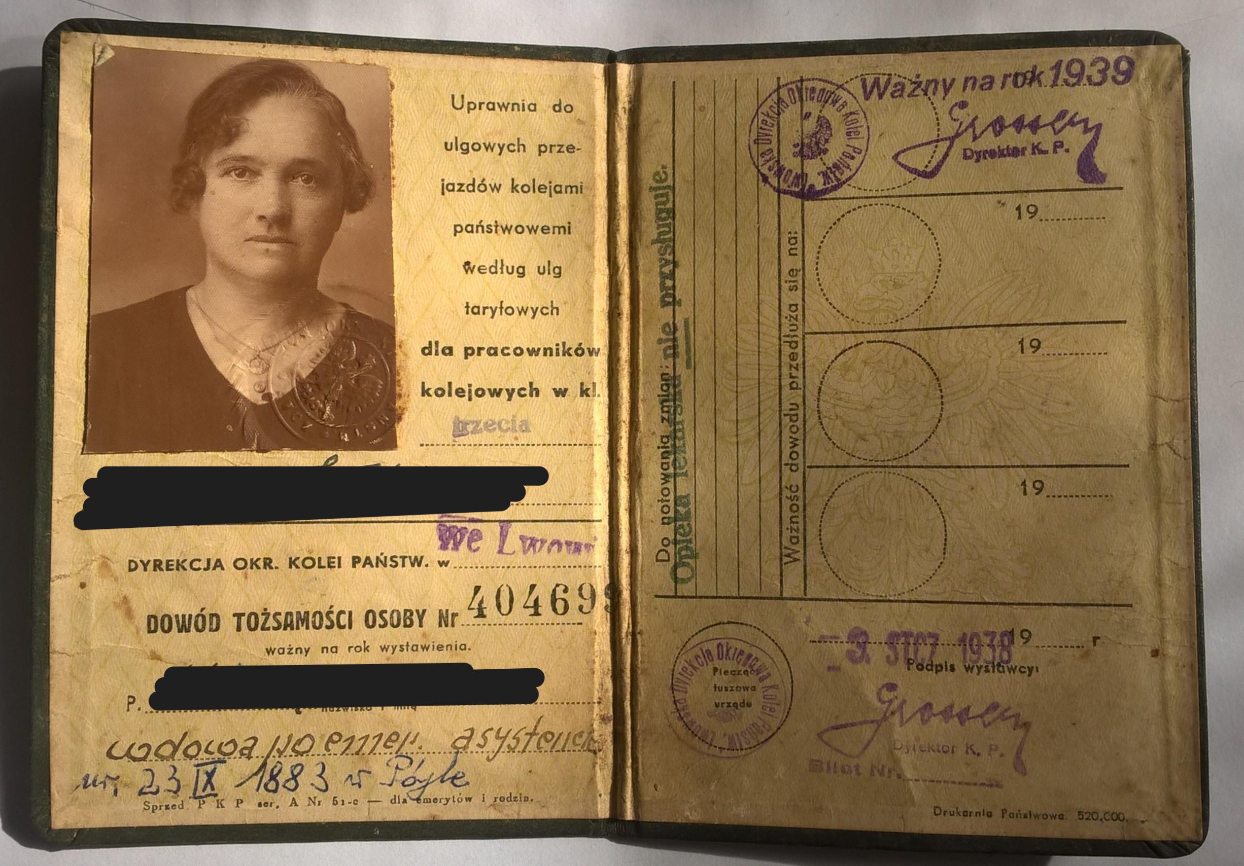 Legitymacja PKP Lwów, 1938 r.