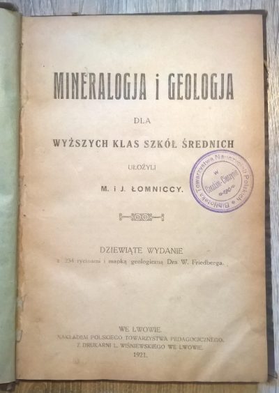 Książka "Mineralogia i geologia" M. i J. Łomniccy - Lwów, 1921 r.