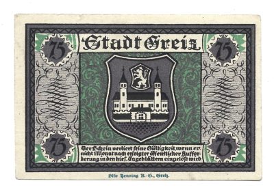Banknot - 75 Pfennige, Stadt Greiz - 75 fenigów, Miasto Greiz, 1921 r.