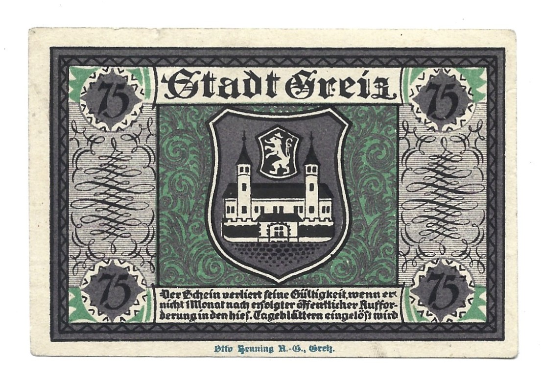 Banknot - 75 Pfennige, Stadt Greiz - 75 fenigów, Miasto Greiz, 1921 r.