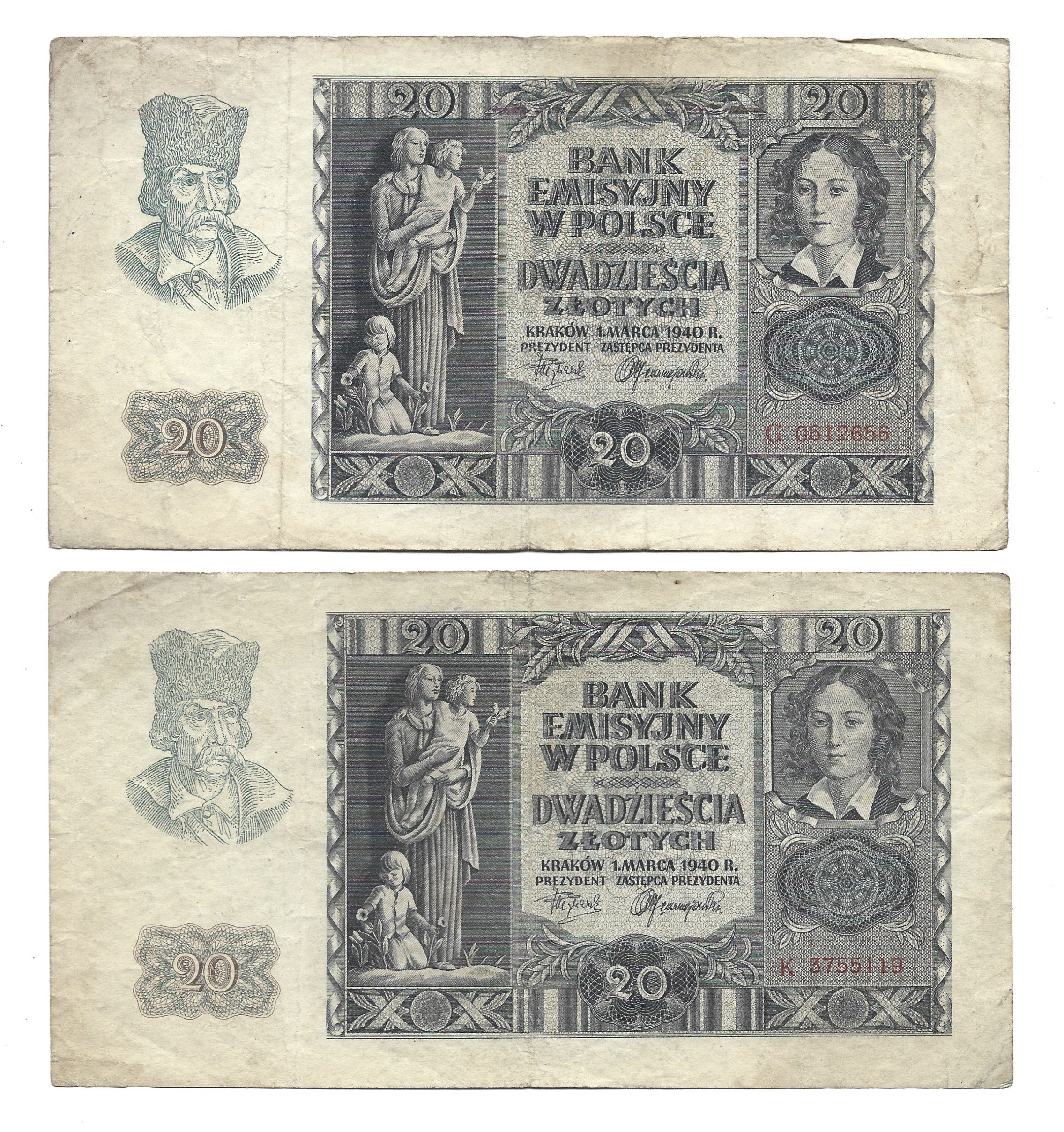 Zestaw banknotów, 4 sztuki - 20 złotych, 1940 r.