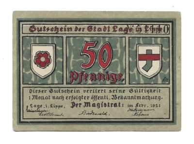 Banknot - 50 Pfennige, Gutschein der Stadt Lage in Lippe - 50 fenigów, Miasto Lage w powiecie Lippe , 1921 r.