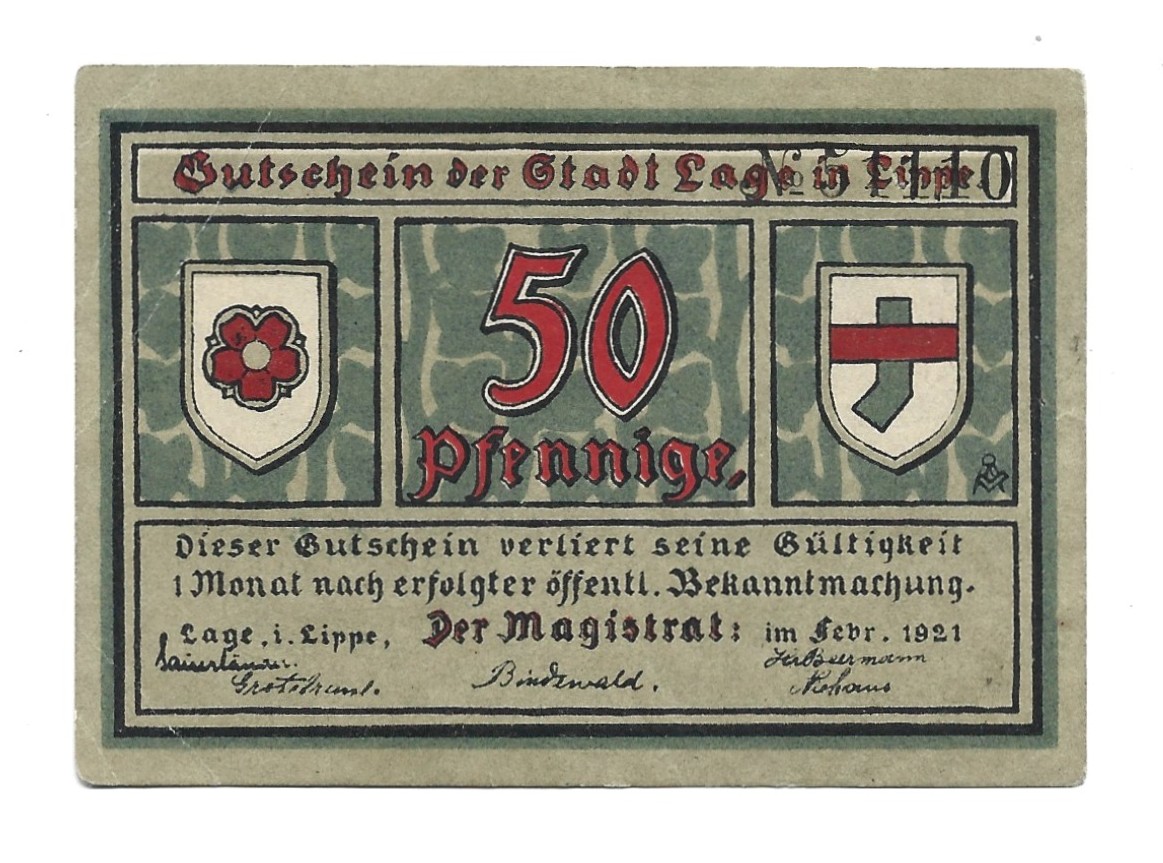 Banknot - 50 Pfennige, Gutschein der Stadt Lage in Lippe - 50 fenigów, Miasto Lage w powiecie Lippe , 1921 r.