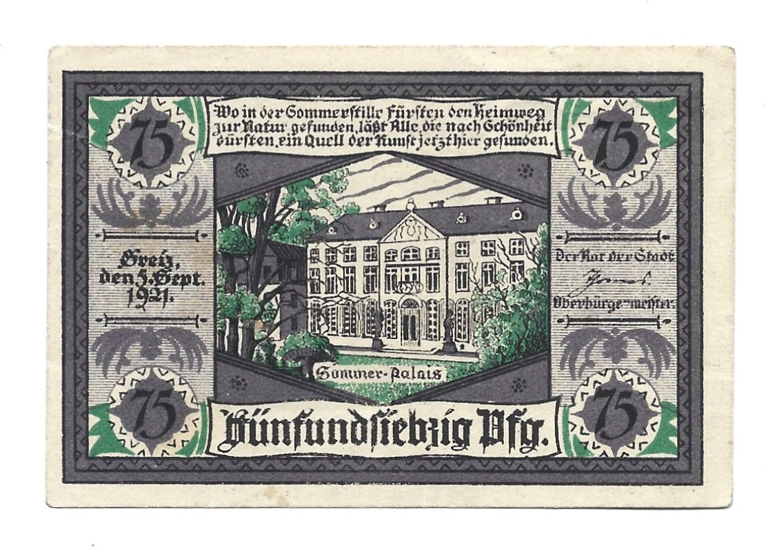 Banknot - 75 Pfennige, Stadt Greiz - 75 fenigów, Miasto Greiz, 1921 r.