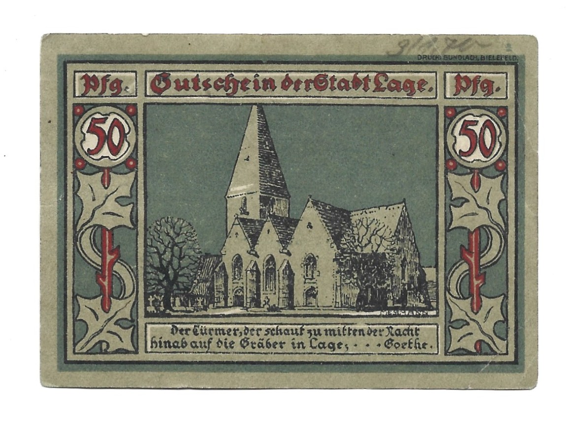 Banknot - 50 Pfennige, Gutschein der Stadt Lage in Lippe - 50 fenigów, Miasto Lage w powiecie Lippe , 1921 r.