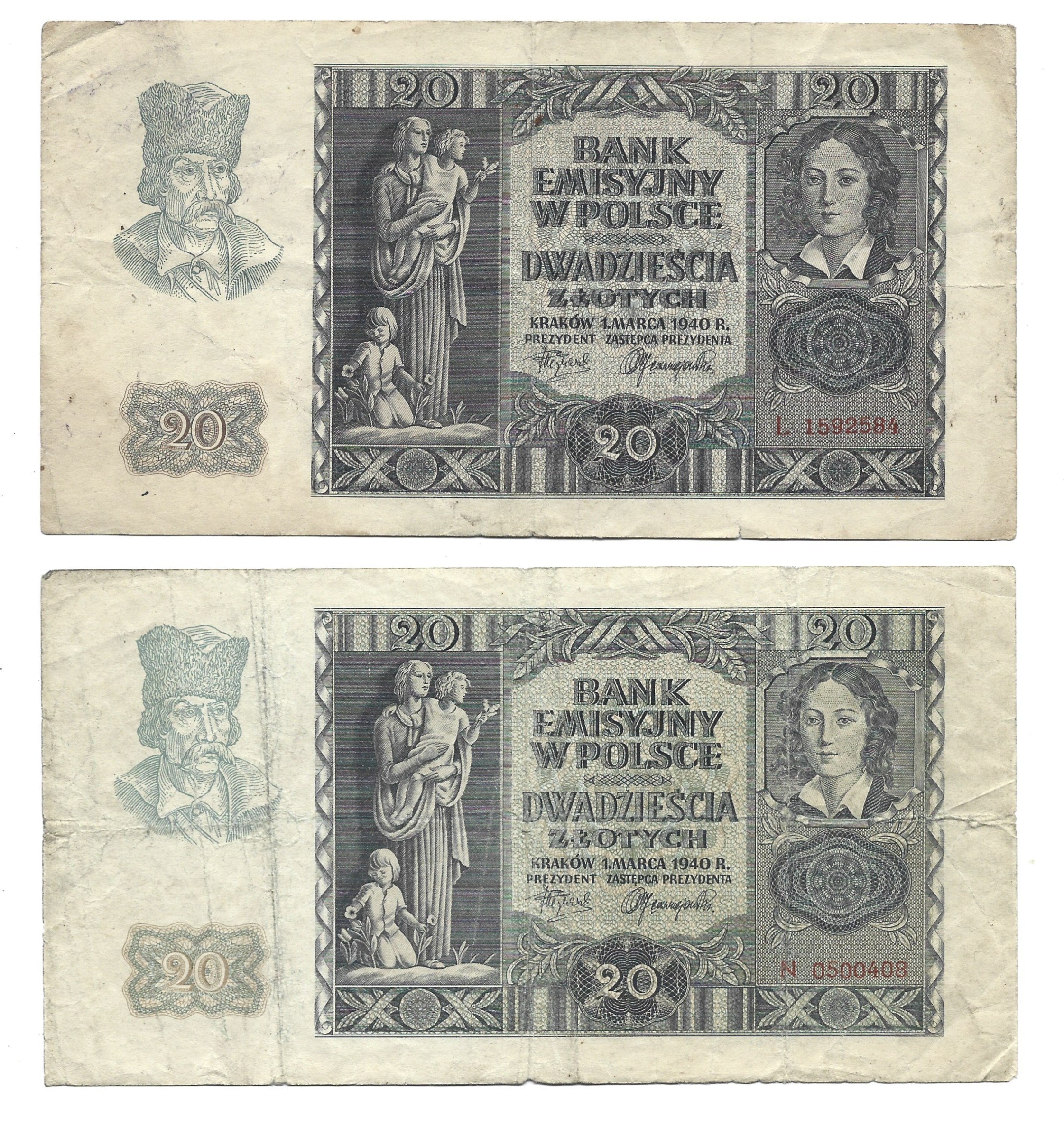 Zestaw banknotów, 4 sztuki - 20 złotych, 1940 r.