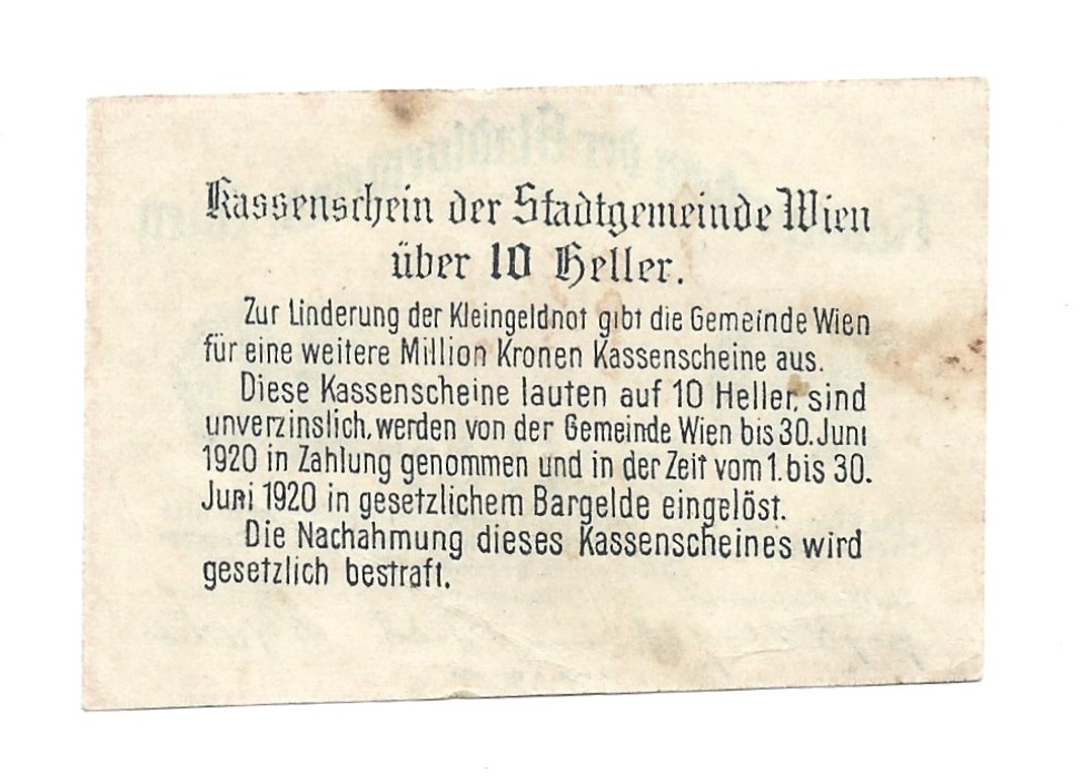 Banknot – 10 heller, Stadtgemeinde Wien - 10 halerzy, miasto Wiedeń, 1919 r.
