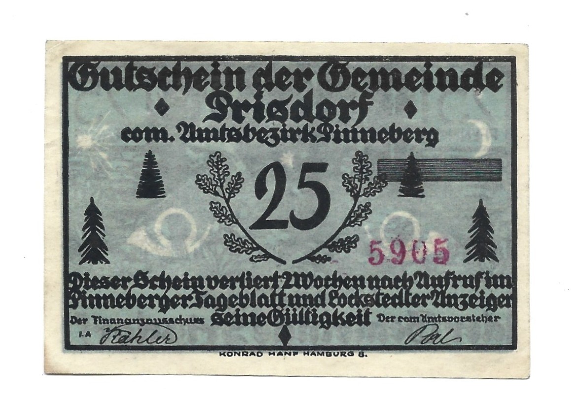 Banknot – 25 Pfennige, Gutschein der Gemeinde Prisdorf - 25 fenigów, Gmina Prisdorf