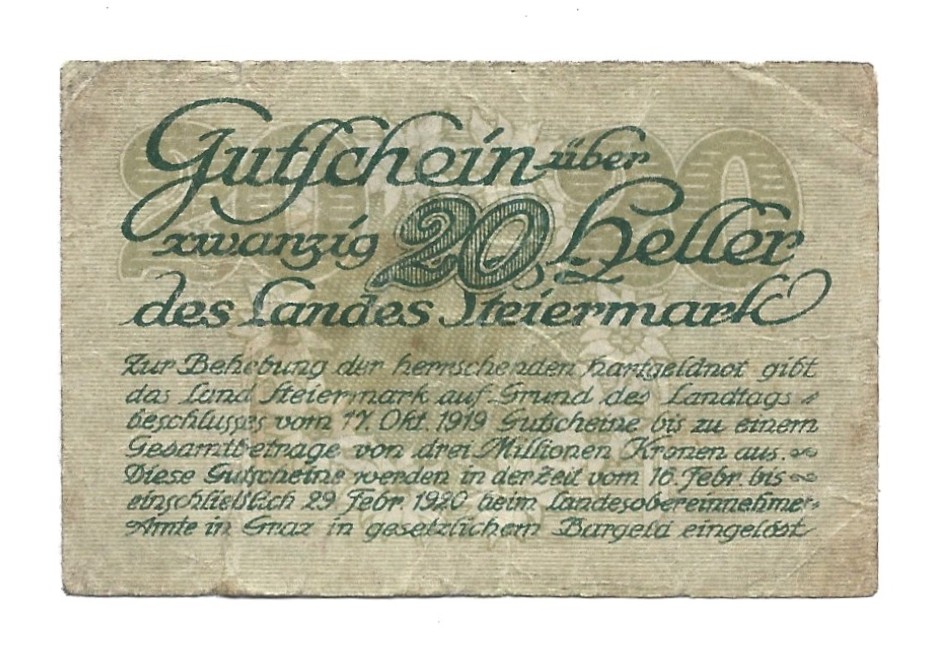 Banknot – 20 heller Des Landes Steiermark – 20 halerzy, Kraj związkowy Styria, 1920 r.
