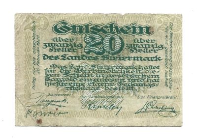 Banknot – 20 HELLER Des Landes Steiermark – 20 HALERZY, Kraj związkowy Styria, 1920 r.