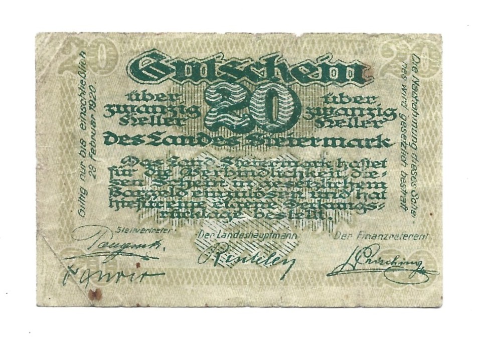 Banknot – 20 HELLER Des Landes Steiermark – 20 HALERZY, Kraj związkowy Styria, 1920 r.
