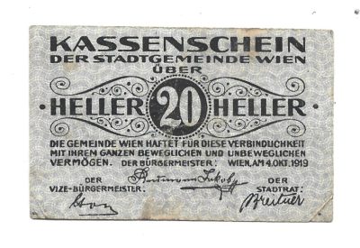 Banknot - 20 HELLER, DER STADTGEMEINE WIEN - 20 halerzy, Gmina Miejska Wiedeń, 1919 r.