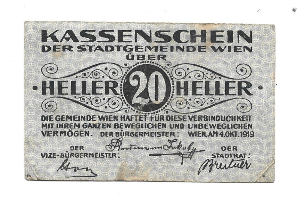 Banknot - 20 HELLER, DER STADTGEMEINE WIEN - 20 halerzy, Gmina Miejska Wiedeń, 1919 r.