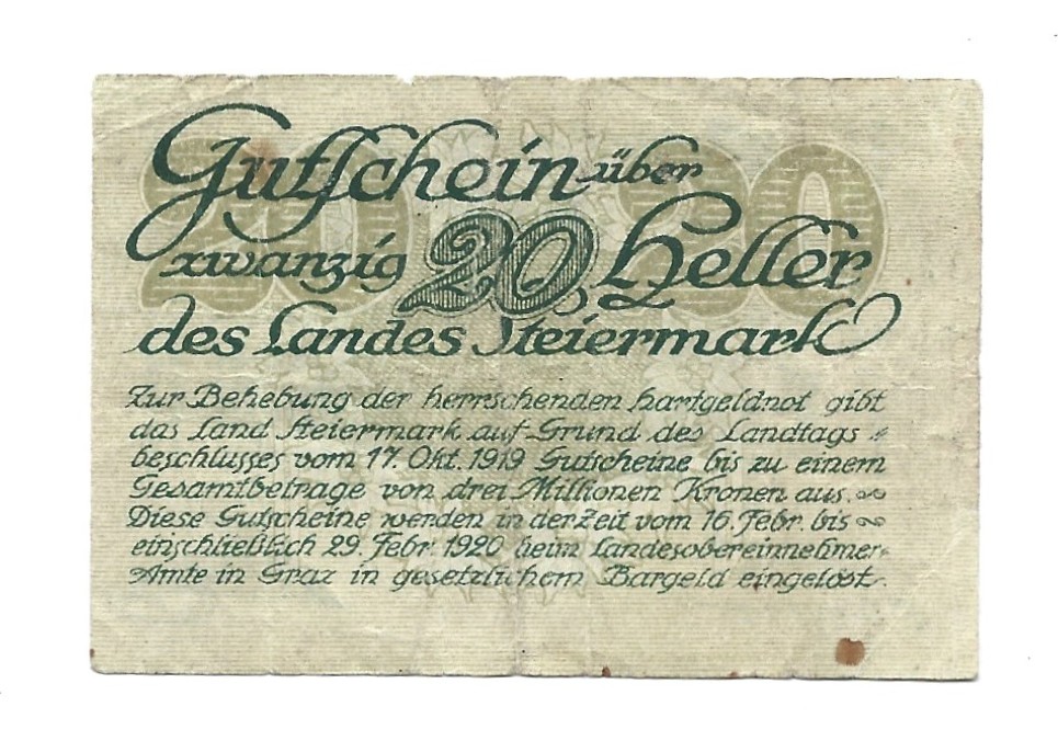 Banknot – 20 HELLER Des Landes Steiermark – 20 HALERZY, Kraj związkowy Styria, 1920 r.