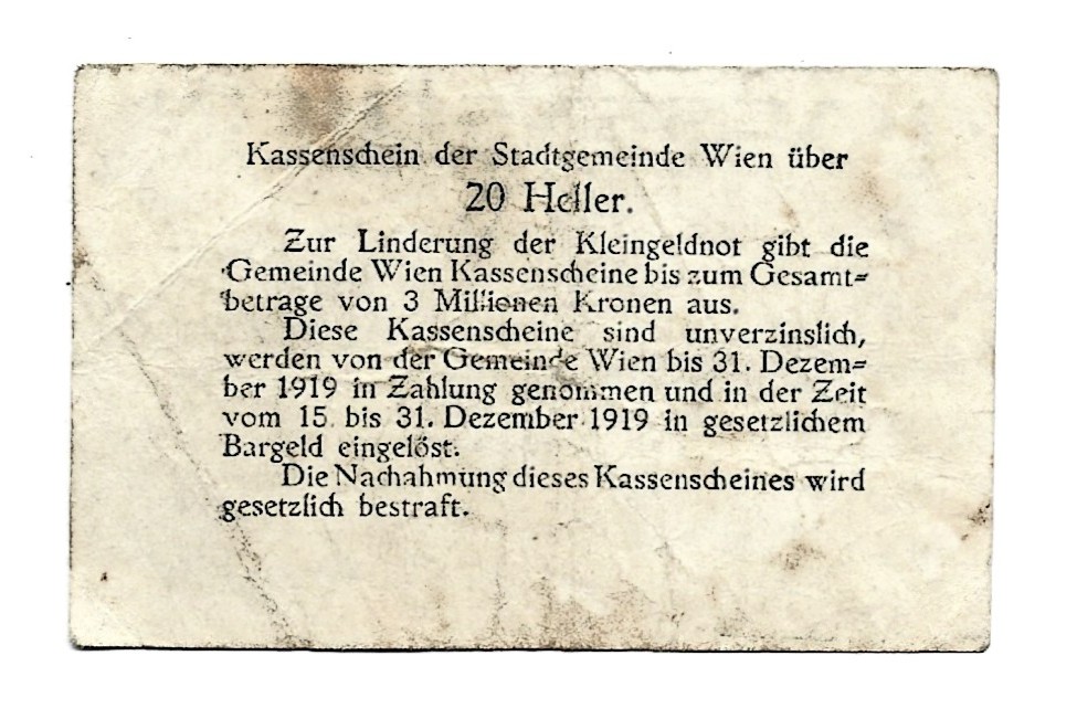 Banknot - 20 HELLER, DER STADTGEMEINE WIEN - 20 halerzy, Gmina Miejska Wiedeń, 1919 r.