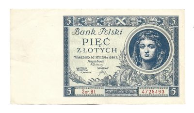 Banknot - 5 złotych, 1930 r. - Bank Polski