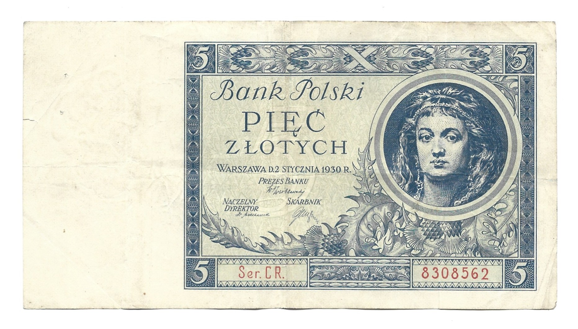 Banknot – 5 PIĘĆ ZŁOTYCH, 1930 r. – Bank Polski