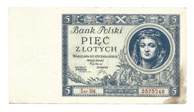 Banknot – 5 (pięć) ZŁOTYCH, 1930 r. – Bank Polski