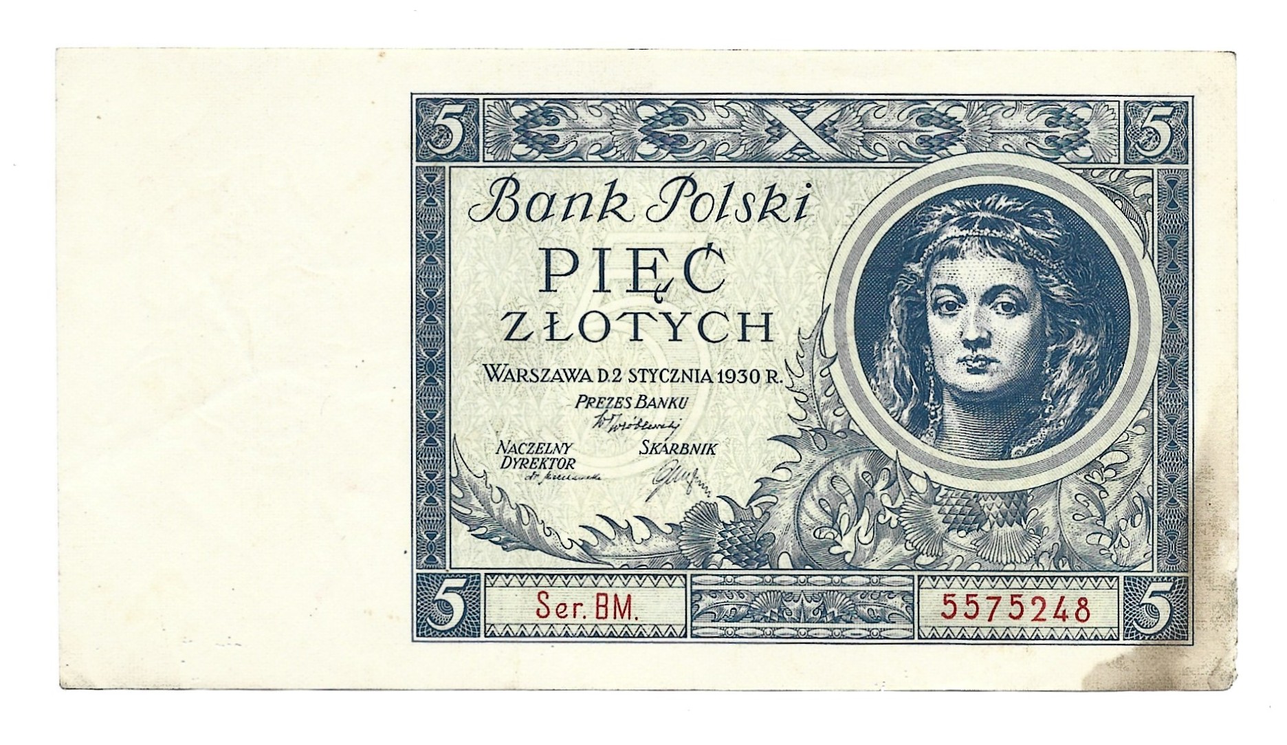 Banknot – 5 (pięć) ZŁOTYCH, 1930 r. – Bank Polski