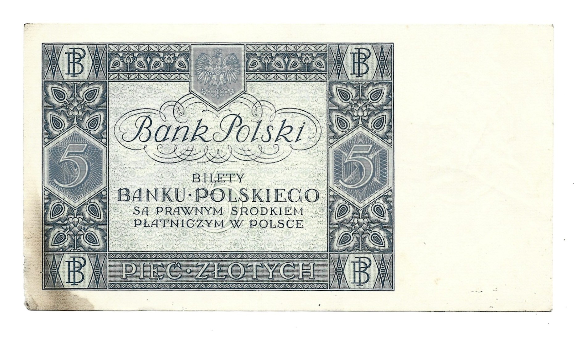 Banknot – 5 (pięć) ZŁOTYCH, 1930 r. – Bank Polski
