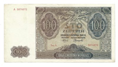 Banknot – 100 STO ZŁOTYCH, 1941 r. – Bank Emisyjny w Polsce