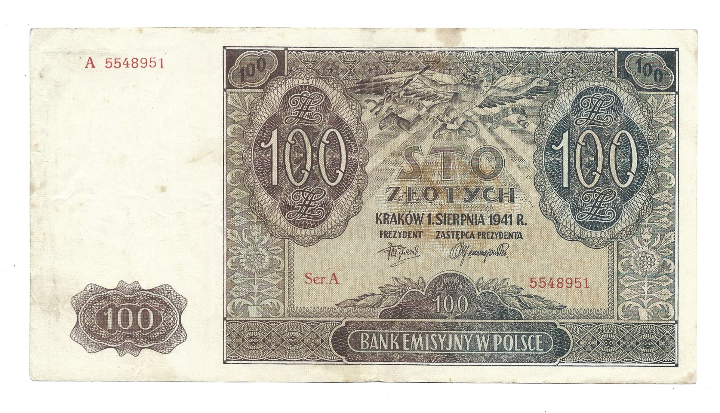 Banknot –  100 ZŁ (sto złotych), 1941 r. – Bank Emisyjny w Polsce